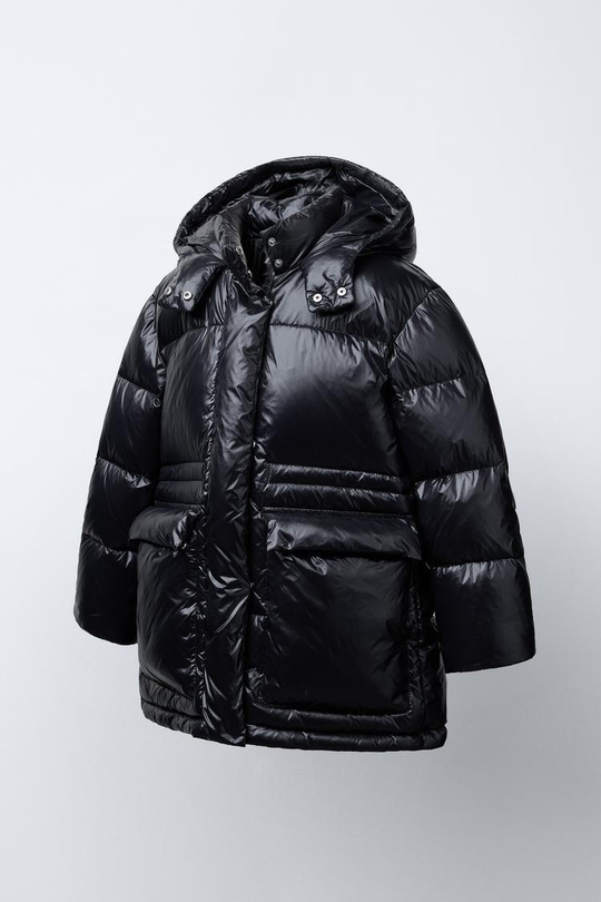 ZARA ПУХОВИК С НАПОЛНИТЕЛЕМ ИЗ ПЕРА И ПУХА WATER REPELLENT, ЧЕРНЫЙ