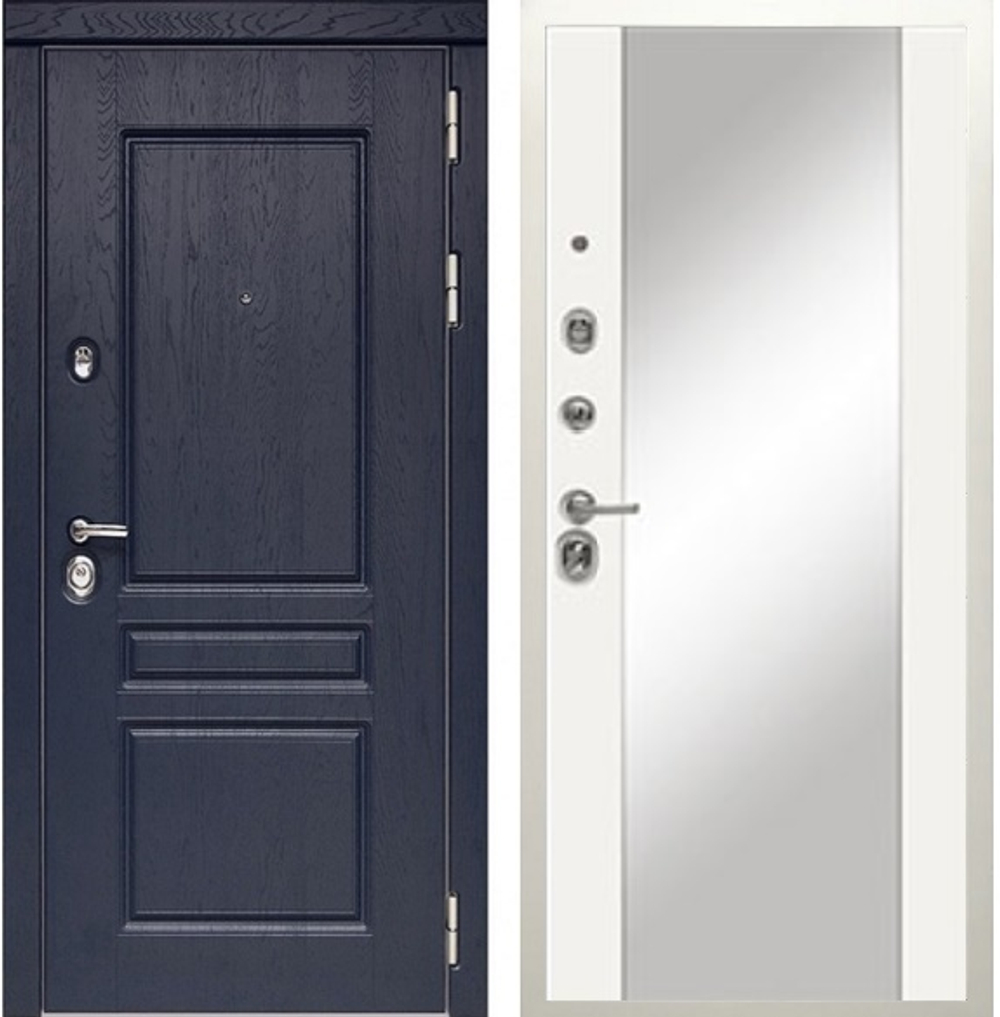 Входная металлическая дверь с зеркалом сударь Дива (Diva )МД-45 Роял Вуд синий / рис.М15 зеркало Белый софт
