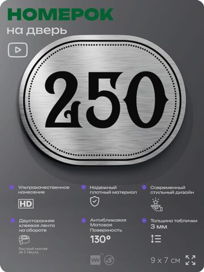 Номерок на дверь квартиры 250, для кабинета, офиса, шильдик 9 х 7 см, серебристый, Айдентика Технолоджи
