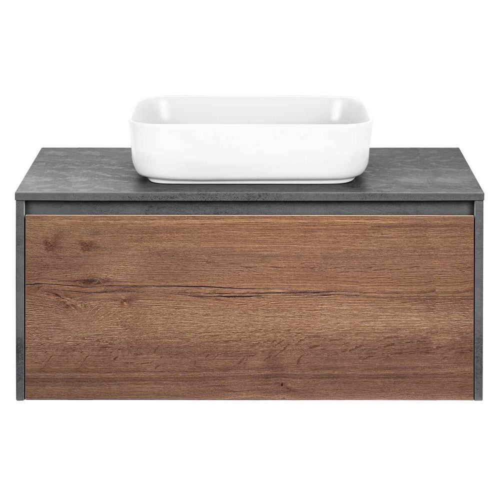 База под накладную раковину Mesa 1000 подвесная, 1 выкатной/1 скрытый ящик soft close, T.Oak + Beton