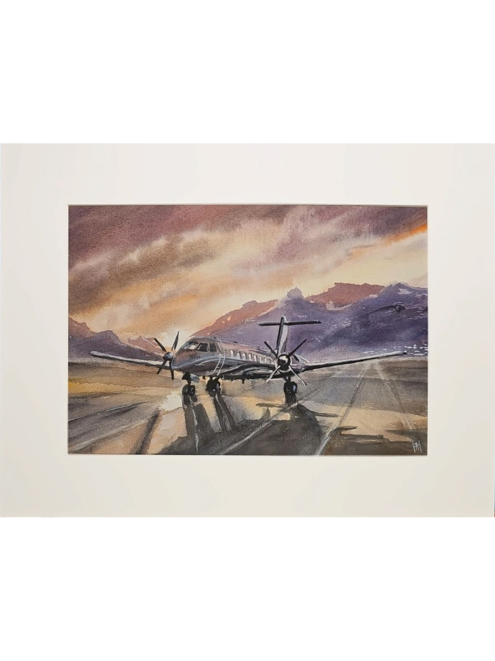 Картина авторская акварельная в паспарту 30х40 см на стену для интерьера "На взлётно-посадочной полосе"