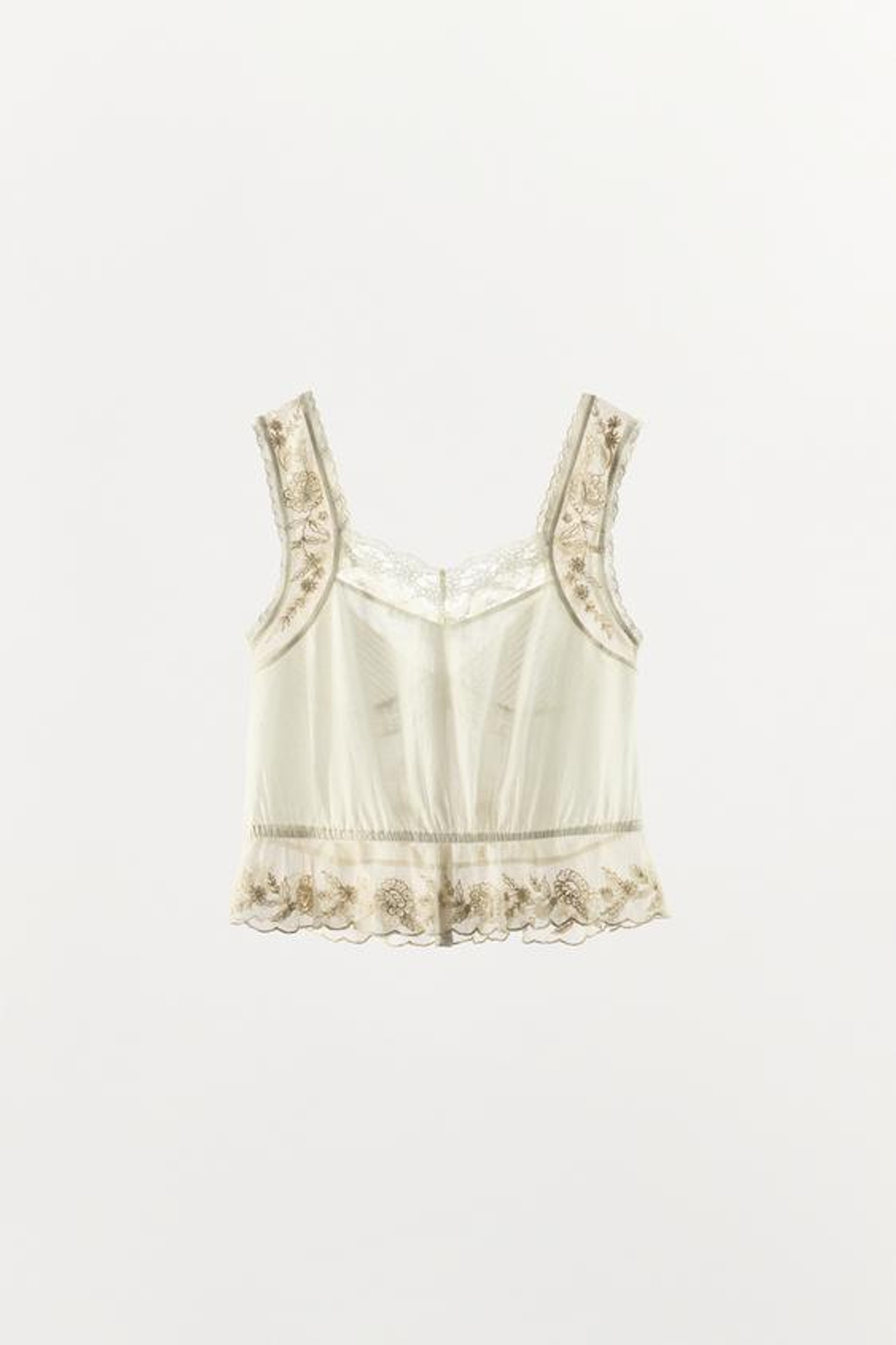 ZARA ПЛИССИРОВАННЫЙ ТОП С ВЫШИВКОЙ И БУСИНАМИ, ЭКРЮ