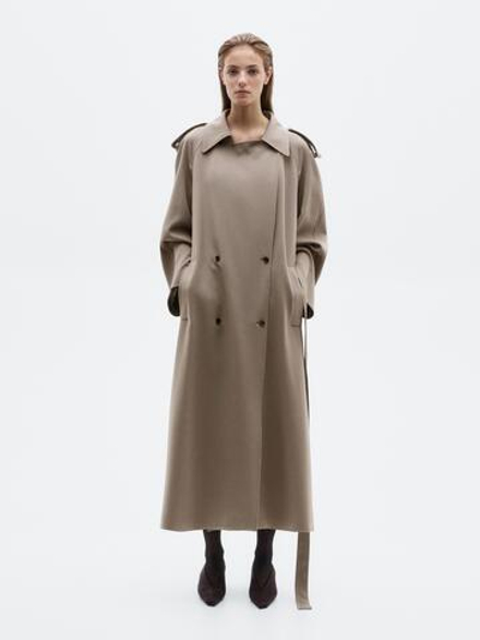 Massimo Dutti Длинное объемное пальто-тренч из 100% шерсти - Limited Edition, оливковый