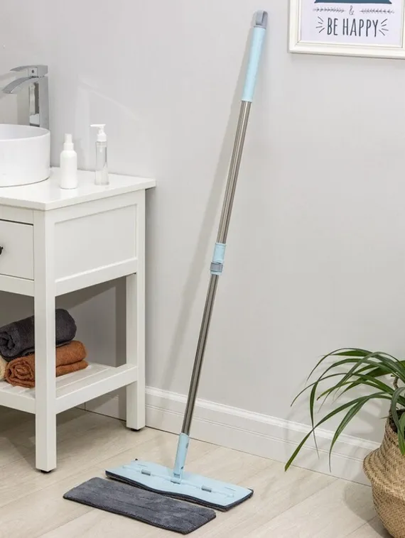 Швабра для мытья пола силиконовая, мягкая, насадка из микрофибры 39×14 см, телескопическая ручка из нержавеющей стали 88-128 см, цвет голубой