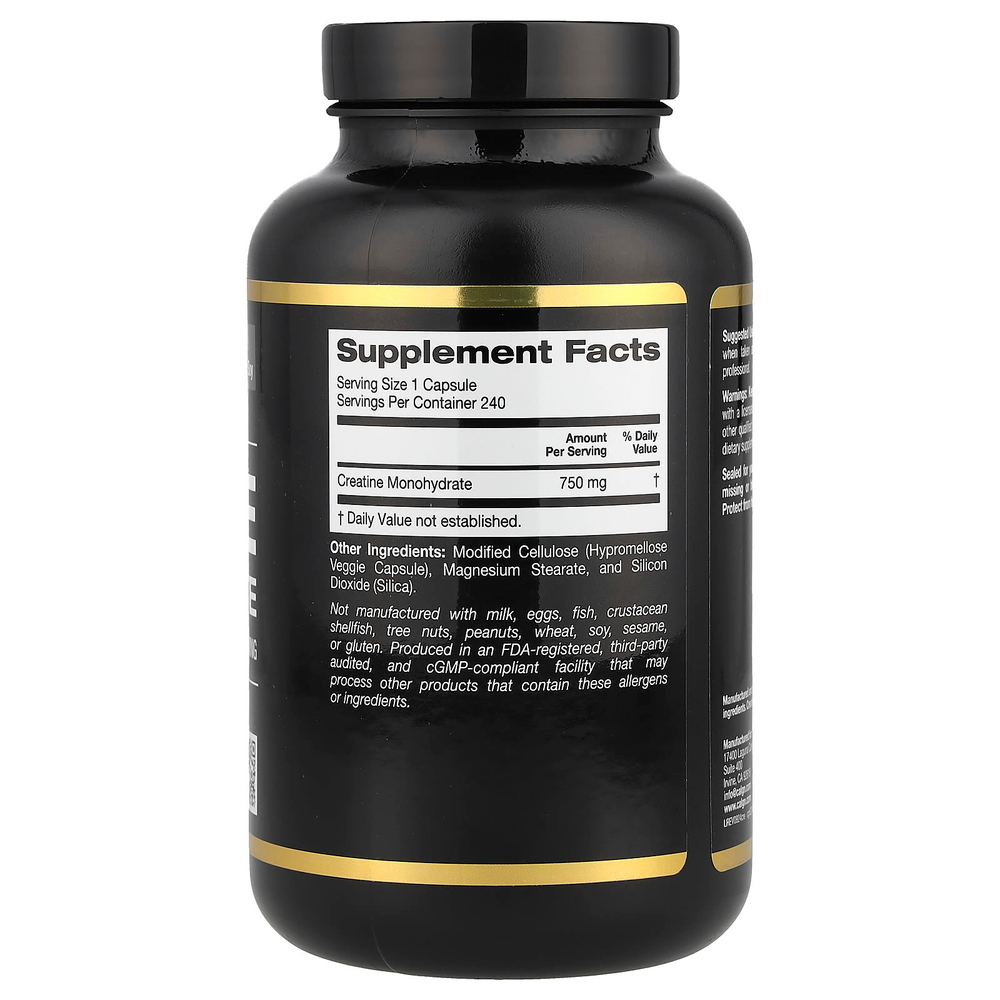 California Gold Nutrition, Sport, чистый моногидрат креатина, без вкусовых добавок, 750 мг, 240 растительных капсул