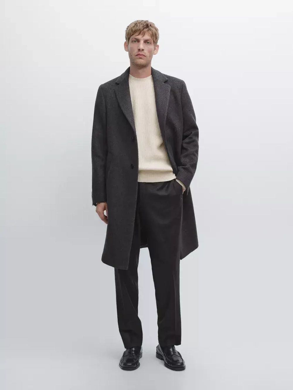 Massimo Dutti Длинное пальто из 100% шерсти с лацканами, маренго