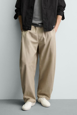 ZARA БРЮКИ BALLOON FIT С ЗАЩИПАМИ, БЕЖЕВЫЙ