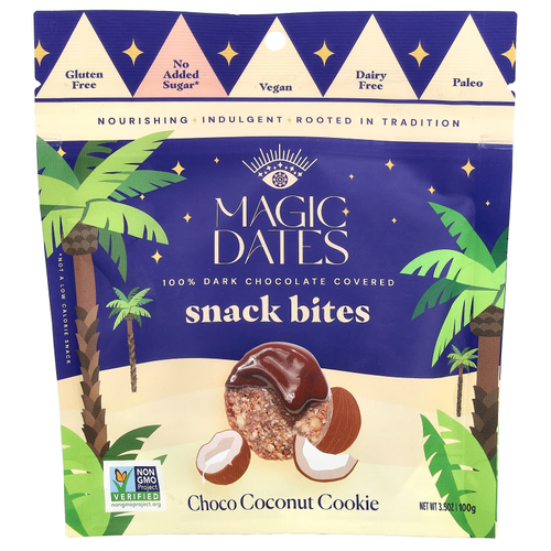 MAGICDATES, Snack Bites, покрытый 100% темным шоколадом, шоколадное и кокосовое печенье, 100 г (3,5 унции)