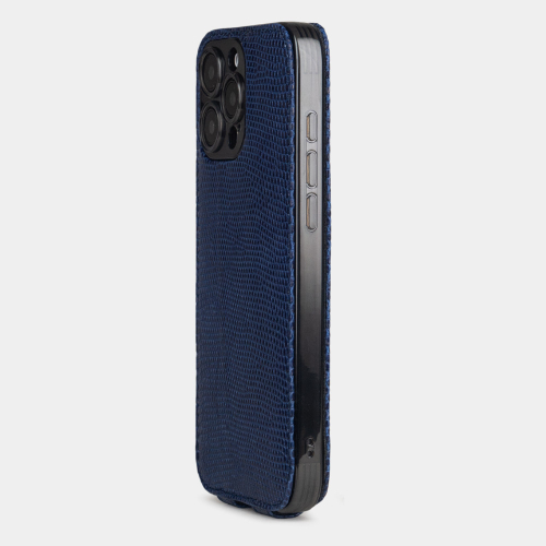 Чехол для iPhone 16 Pro кожаный, ящерица синего цвета