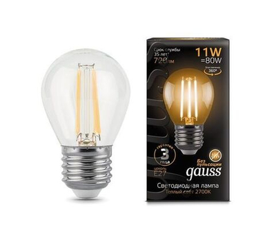 Лампа Gauss Filament Шар G45 E27 11W 720lm 2700K 2K прозрачный филамент (нитевидная) 105802111