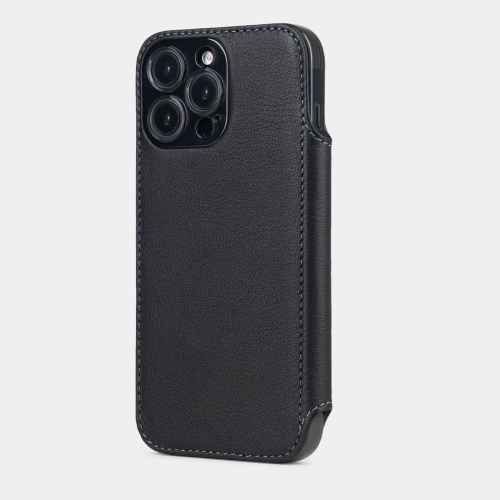 Чехол-книжка кожаная для iPhone 16 Pro, теленок черного цвета
