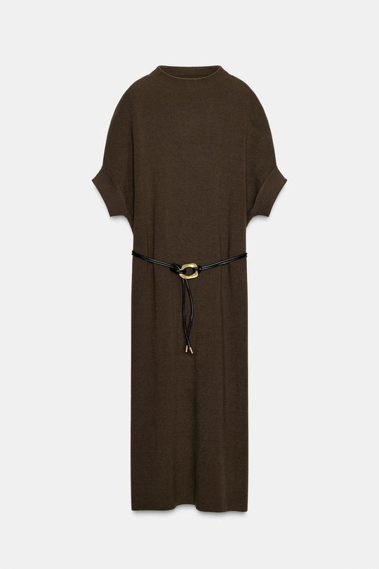 ZARA ТРИКОТАЖНОЕ ПЛАТЬЕ С РЕМНЕМ, СЕРО-КОРИЧНЕВЫЙ