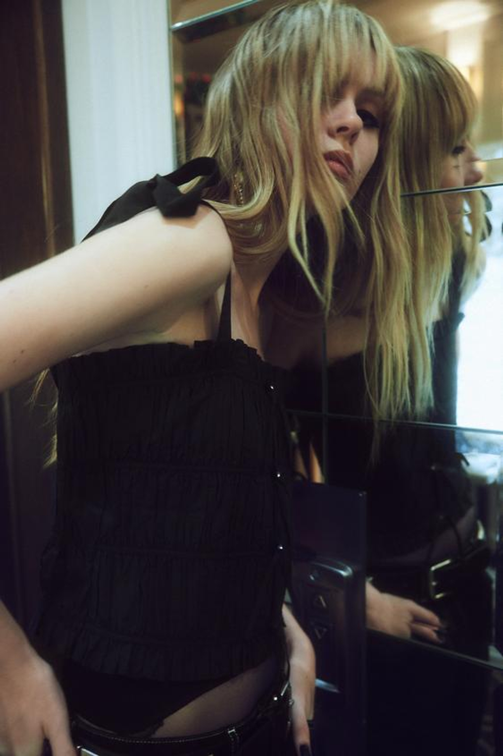 ZARA ТОП ИЗ ПОПЛИНА С БАНТАМИ И СТРАЗАМИ, ЧЕРНЫЙ