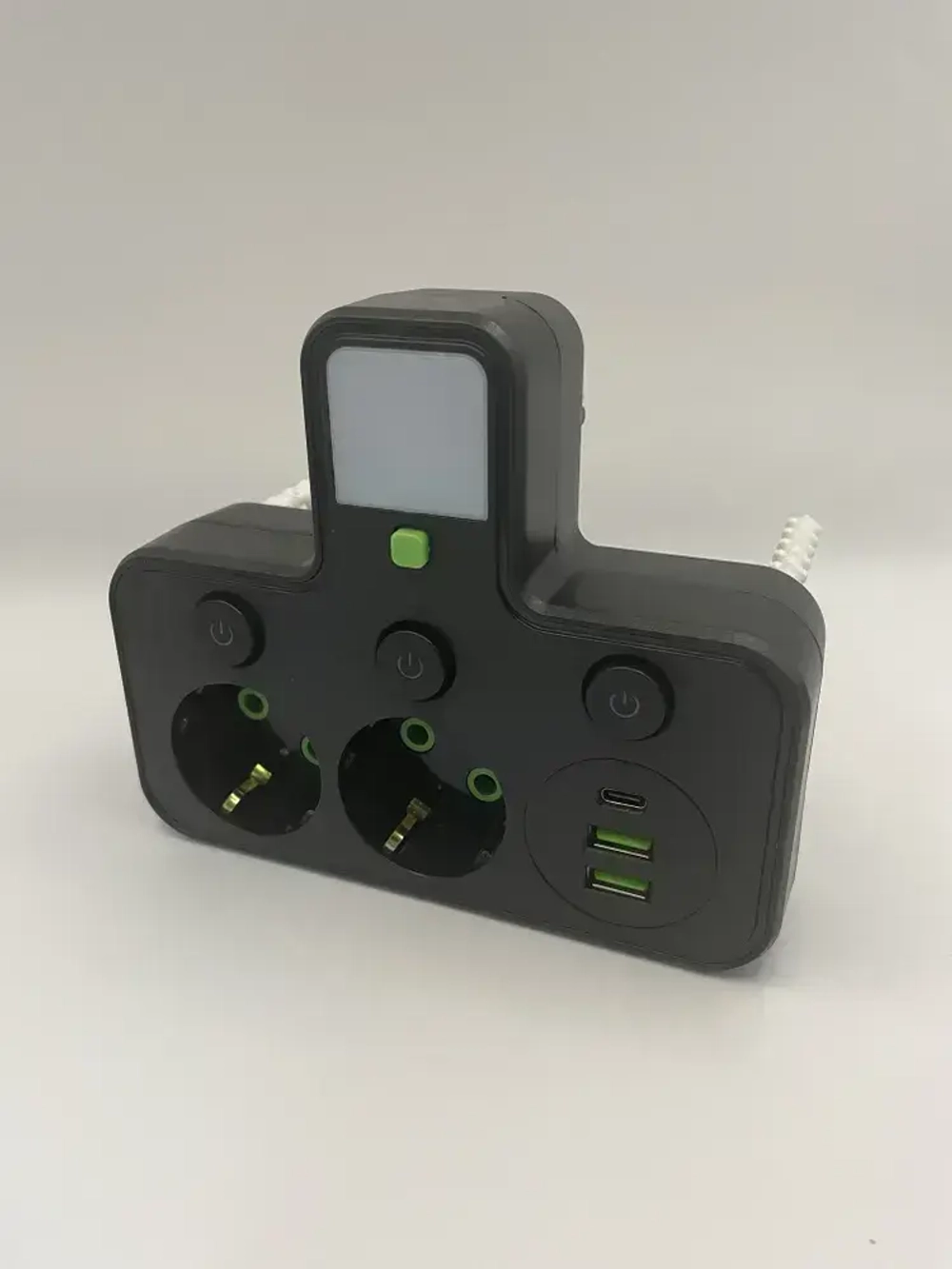 Тройник черный, 2 розетки, 2 USB, 1 Type-C