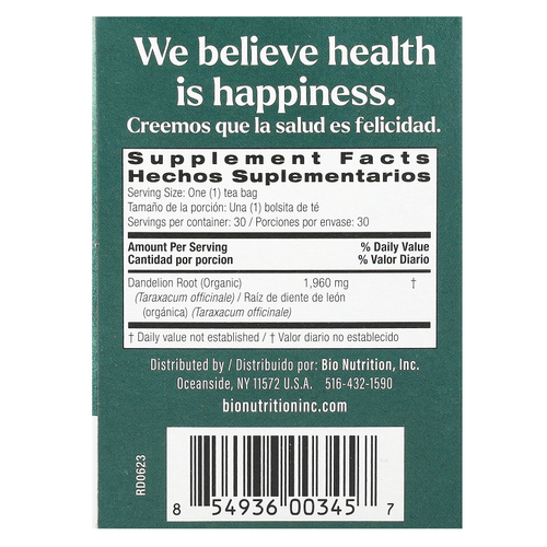 Bio Nutrition, чай из корня одуванчика, без кофеина, 30 чайных пакетиков, 58,8 г (2,1 унции)