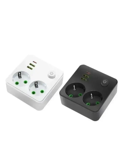 Тройник для розетки электрический с заземлением и кнопкой выключателем, двойник для розетки с USB и TYPE-C