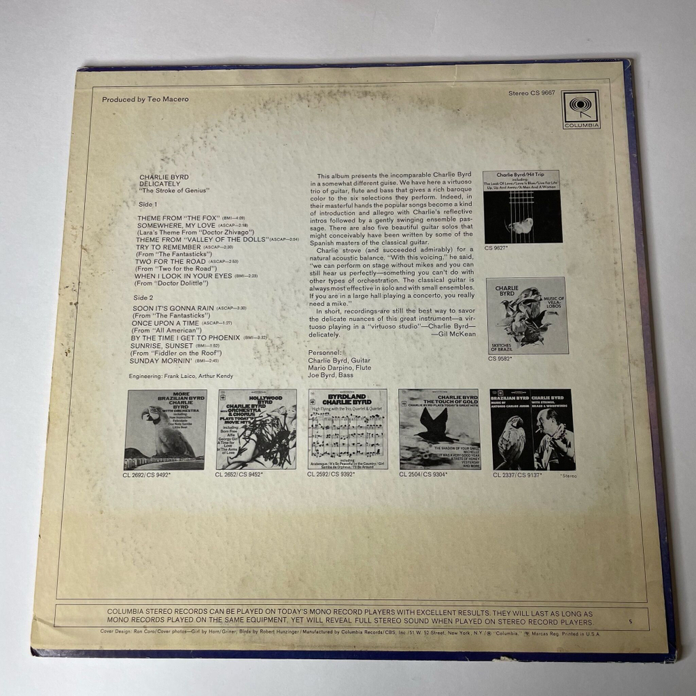 Винтажная виниловая пластинка LP Charlie Byrd Delicately (USA 1968)