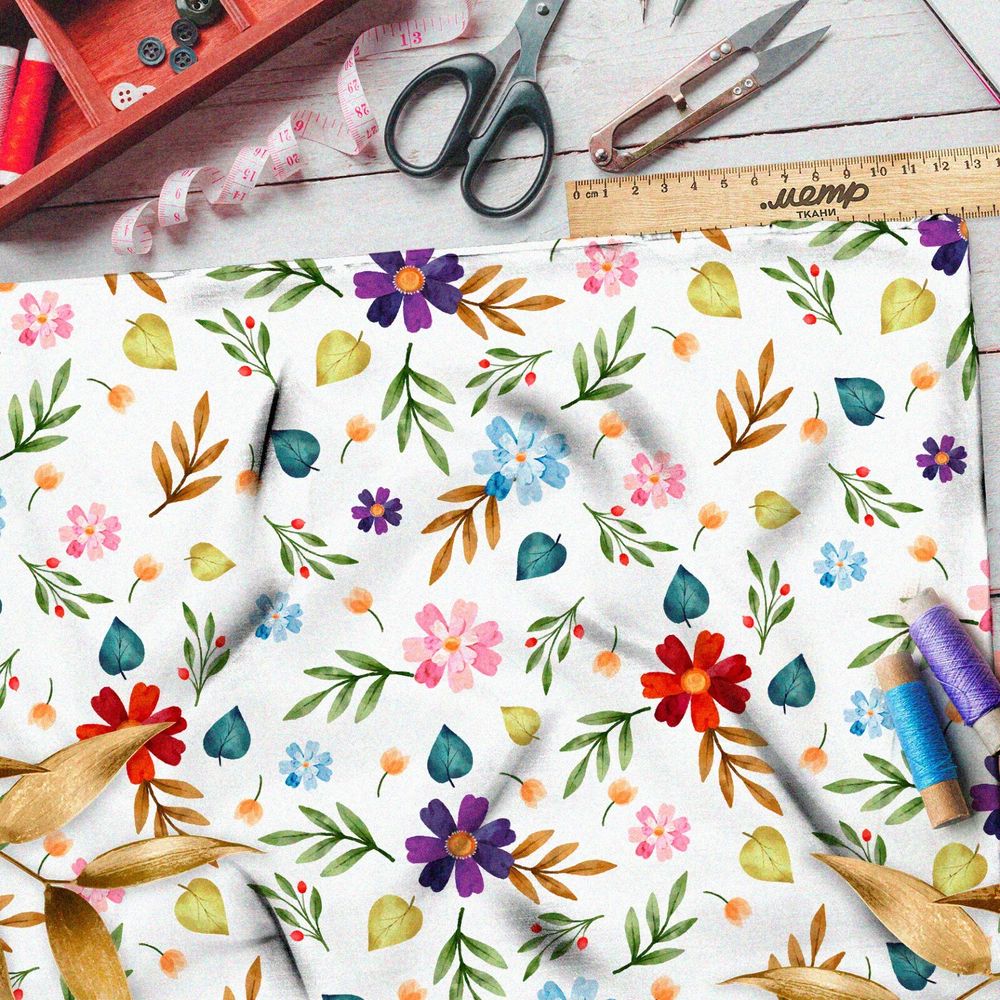 Ткань дюспо яркие цветы и листья на белом фоне