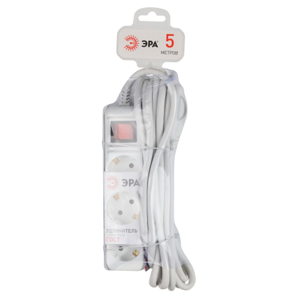 Удлинитель электрический ЭРА U-3es-5m-3x1,5 с заземлением с выключателем 3 розетки 5м ПВС 3x1,5мм2 16А
