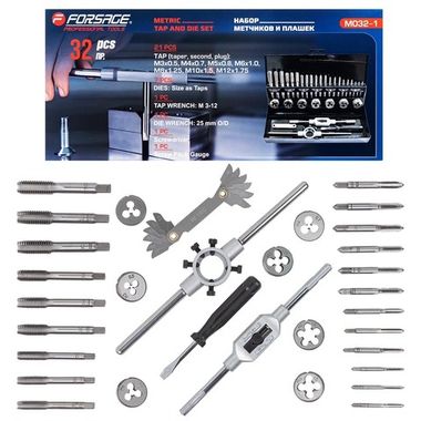 Набор метчиков и плашек, 32(М3х0.5,М4х0.7,М5х0.8,М6х1.0,М8х1.25,М10х1.5,М12х1.75) пр в металлическом кейсе Forsage F-M032-1