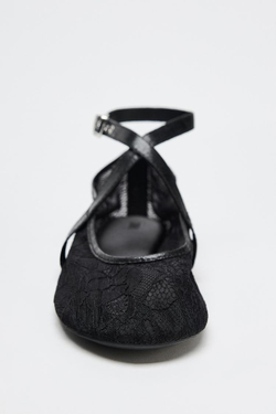 ZARA КРУЖЕВНЫЕ БАЛЕТКИ С ДВУМЯ РЕМЕШКАМИ, ЧЕРНЫЙ