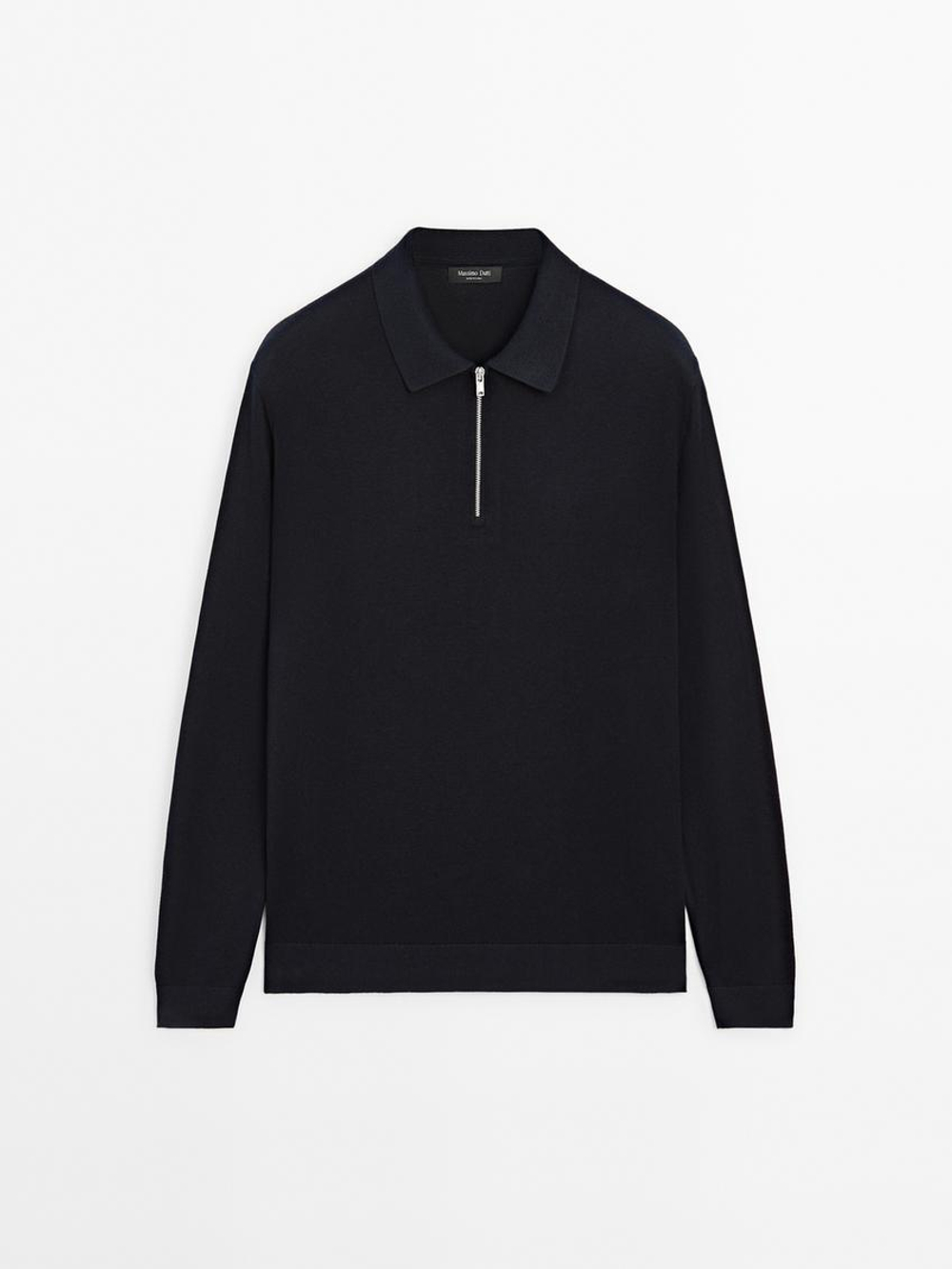 Massimo Dutti Свитер поло с молнией, темно-синий
