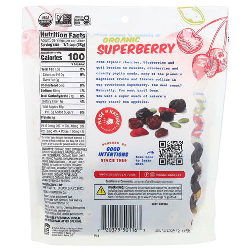 Made in Nature, органический суперягода, клюква, изюм, вишня, семена тыквы, голубика и ягоды годжи, 142 г (5 унций)