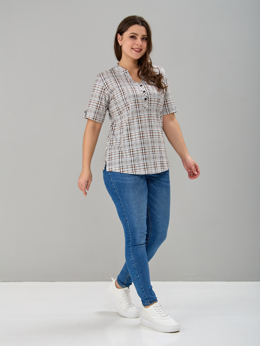 Блузка БЛ-122/клетка-рогожкаперсик