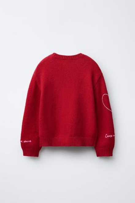 ZARA ВЯЗАНЫЙ СВИТЕР С ВЫШИВКОЙ, КРАСНЫЙ