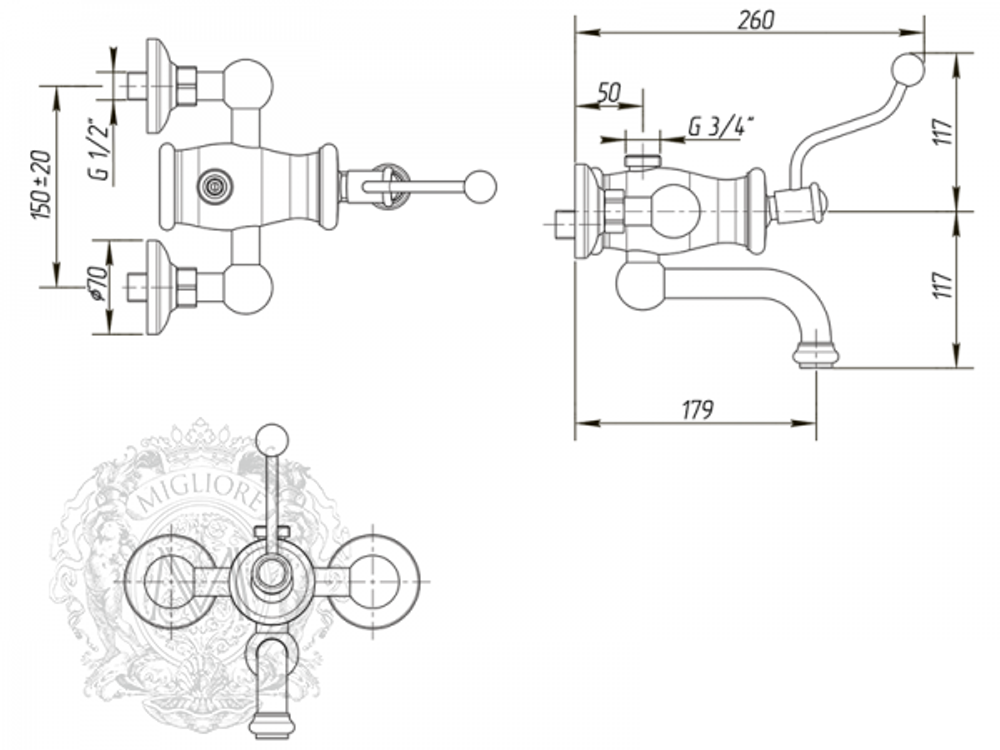 Смеситель для душевой колонны  Migliore Vivaldi ML.VIV-9903 схема