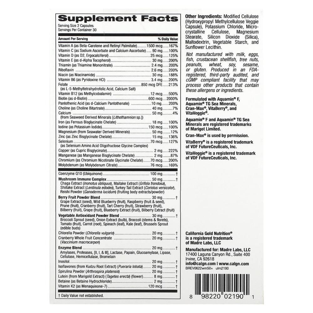 California Gold Nutrition, Ultamins, мультивитаминный комплекс для женщин старше 50 лет с коэнзимом Q10, грибами, ферментами, овощами и ягодами, 60 растительных капсул