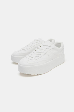 ZARA КРОССОВКИ НА ПЛАТФОРМЕ С РИФЛЕНОЙ ПОДОШВОЙ, БЕЛЫЙ