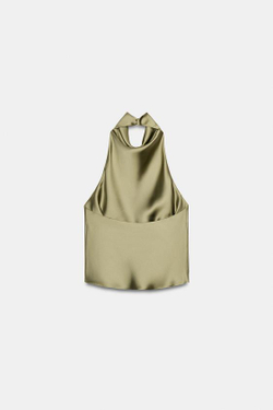 ZARA АТЛАСНЫЙ ТОП С ГОРЛОВИНОЙ ХАЛТЕР, СВЕТЛЫЙ ХАКИ