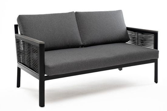 "Сан Ремо" диван 2-местный плетеный из роупа, каркас алюминий темно-серый, роуп серый, ткань серая