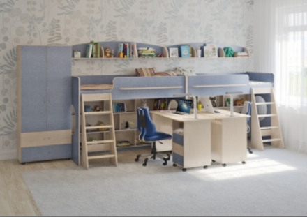 Детская стенка КарИВи Л-№30  Дуб Молочный Светло-синий, голубой