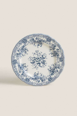 ZARA HOME КЕРАМИЧЕСКАЯ ПЛОСКАЯ ТАРЕЛКА С ЦВЕТАМИ, СИНИЙ