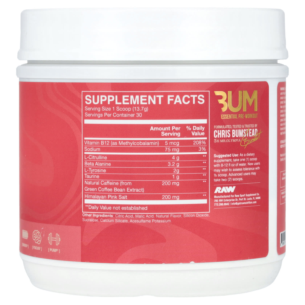 Raw Nutrition, Bum Essentials, Essential Pre-Workout, цитрусовый и грейпфрут, 411 г (14,49 унции)