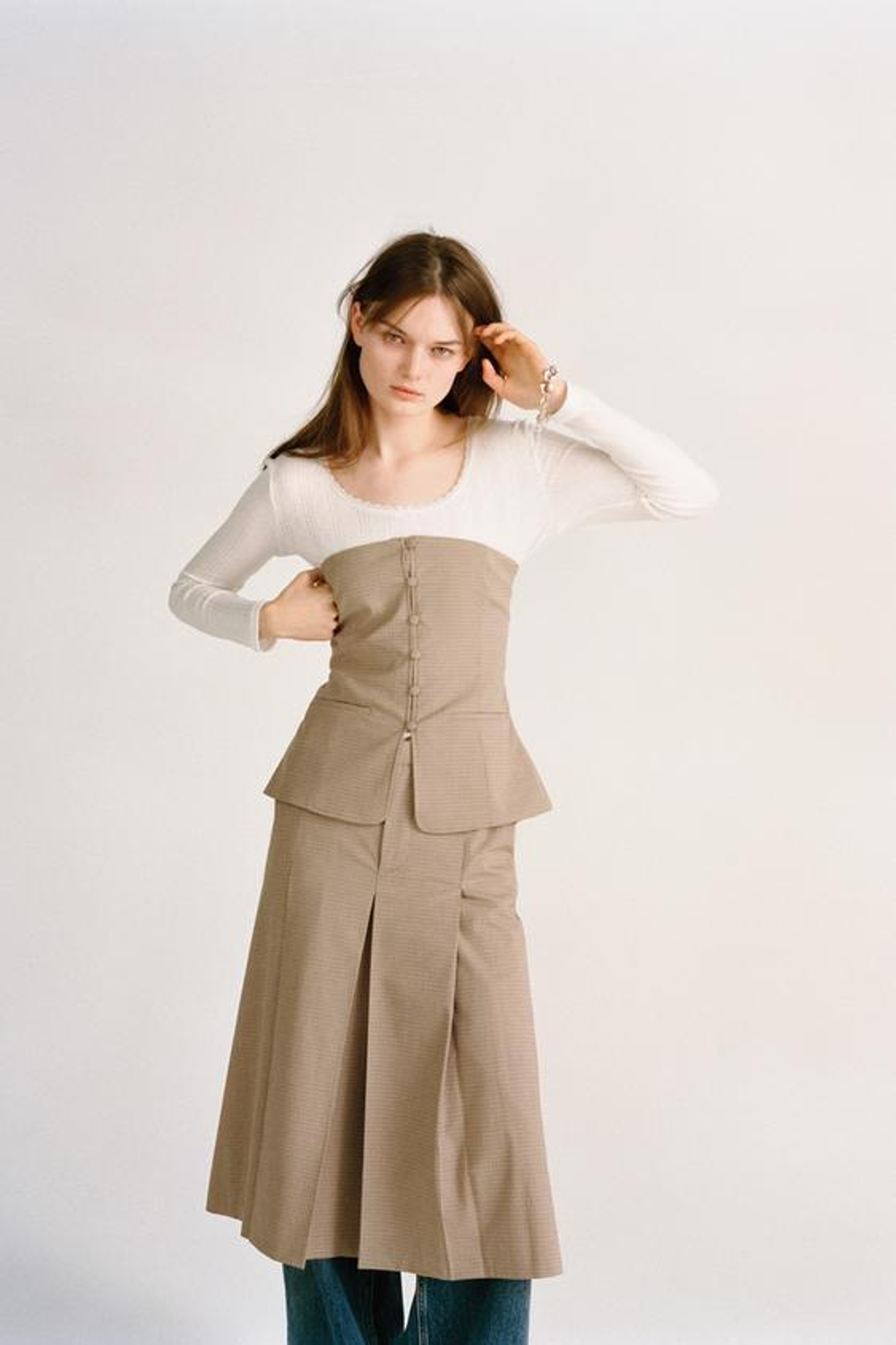 ZARA ТОП БЕЗ БРЕТЕЛЕЙ В КЛЕТКУ, БЕЖЕВО-КОРИЧНЕВЫЙ