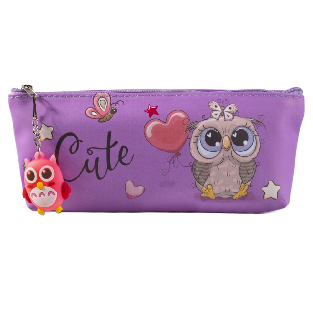 Пенал - косметичка Alingar, ПВХ, молния, брелок, 210 х 80 х 45 мм, "Совенок Cute", ассорти (фиолет,голуб,персик,роз)