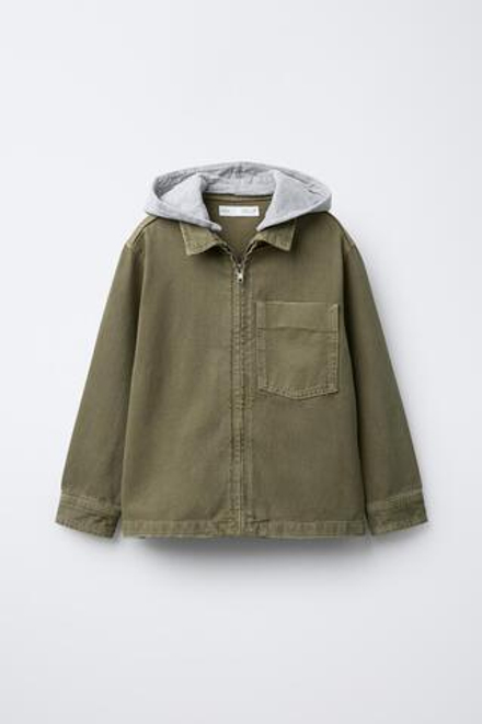 ZARA КУРТКА-РУБАШКА ИЗ ТВИЛА С ОТСТЕГИВАЮЩИМСЯ КАПЮШОНОМ, ХАКИ