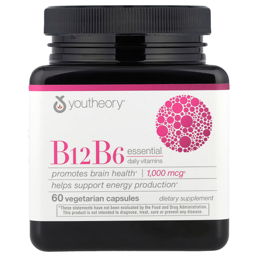 Youtheory, B12, B6, незаменимые ежедневные витамины, 1000 мкг, 60 вегетарианских капсул