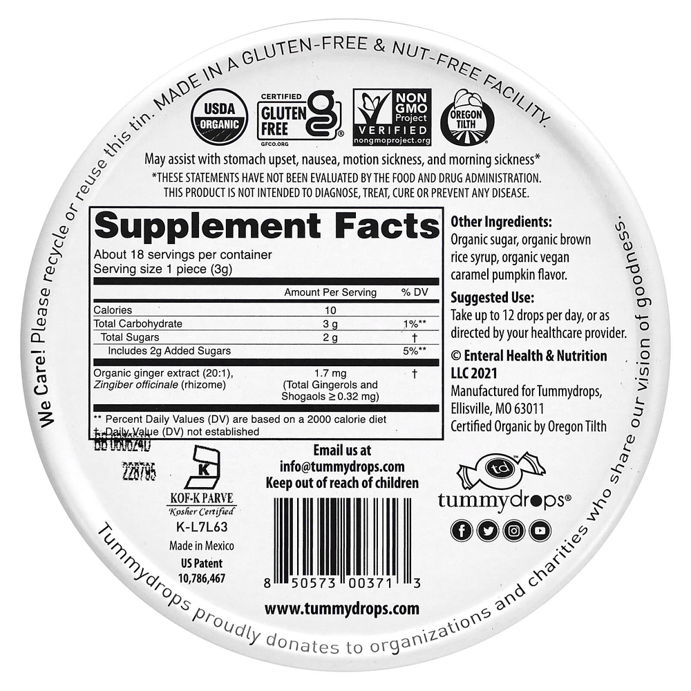 Tummydrops, органическая карамельная приправа, тыква и имбирь, 18 капель