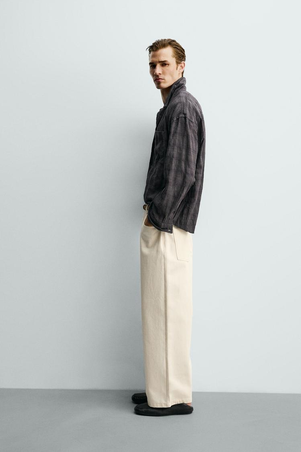 ZARA РУБАШКА RELAXED FIT В КЛЕТКУ, АНТРАЦИТОВО-СЕРЫЙ