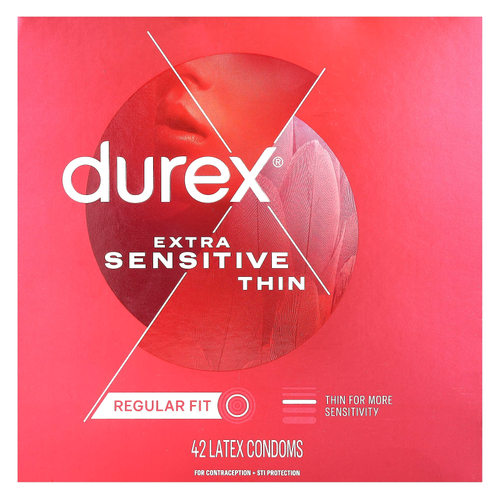 Durex, для экстра чувствительности, тонкие, обычного размера, 42 латексных презерватива