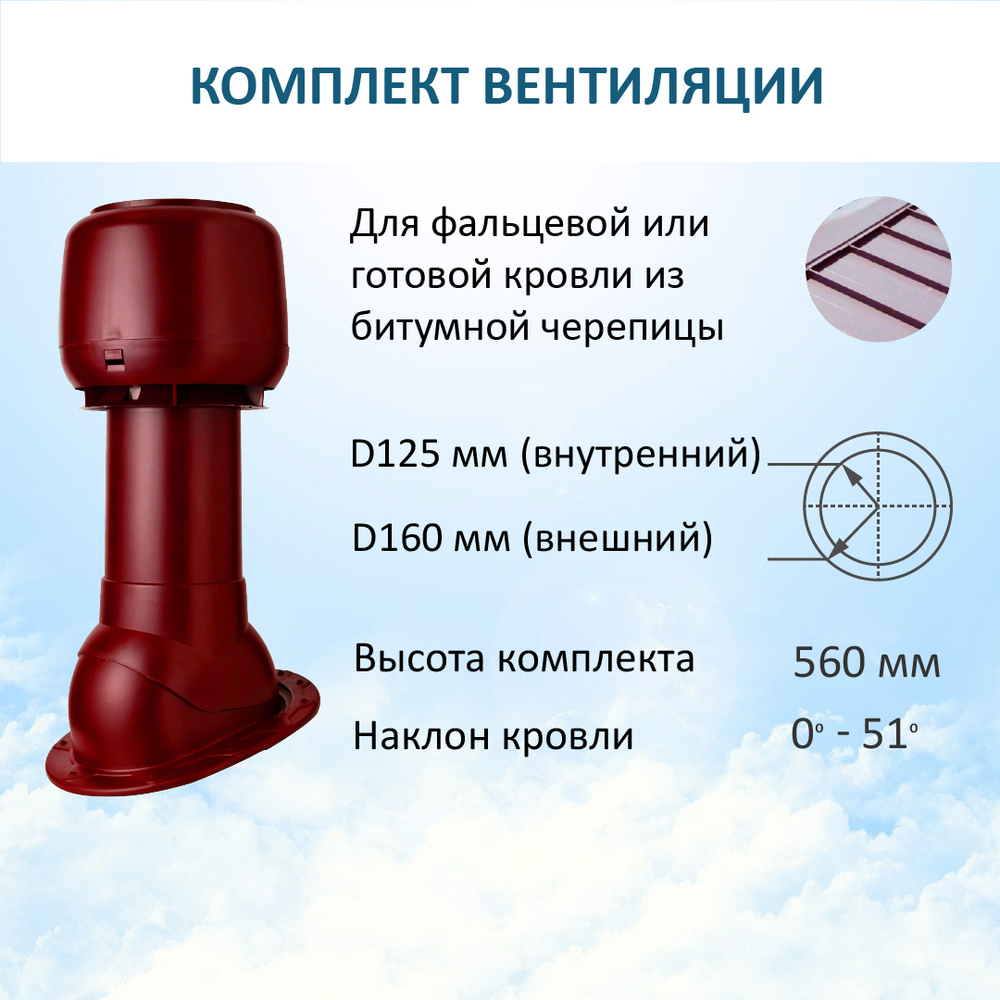 Комплект вентиляции: Вентиляционный выход изолированный D125/160 утепленный высота H=500 мм, проходной элемент SKAT для фальцевой и готовой кровли из битумной черепицы, колпак вентиляционный D160 мм, красное вино