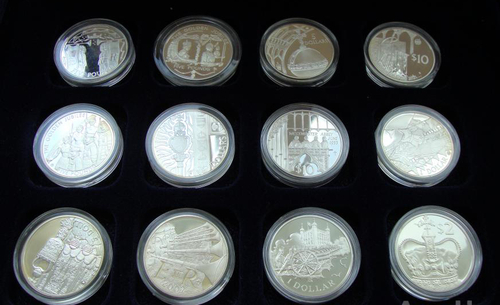 Набор из 24 шт 1, 2, 5, 10 долларов, 5 фунтов 2002-2003гг. 50 лет правления Елизаветы II. Англия. Серебро