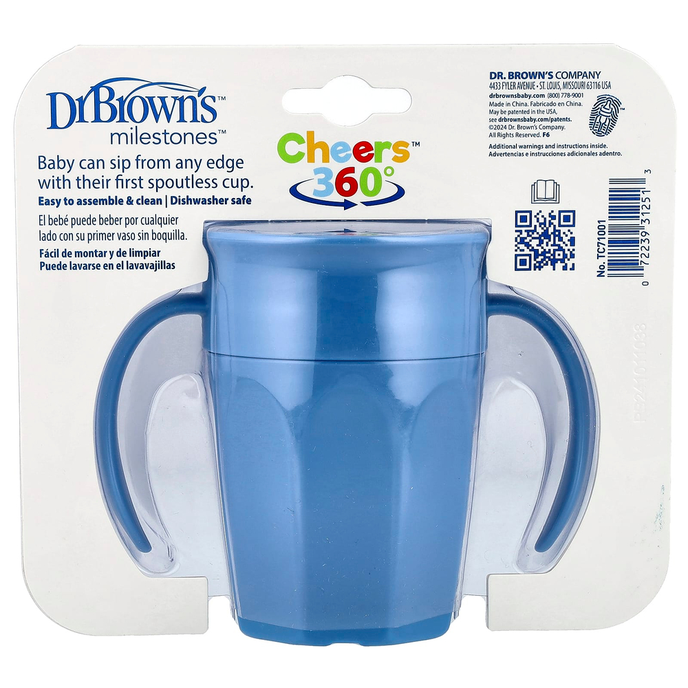 Dr. Brown's, Milestones ™, Cheers360 ™, переходная чашка без носика, от 6 месяцев, синий цвет, 200 мл (7 унций)