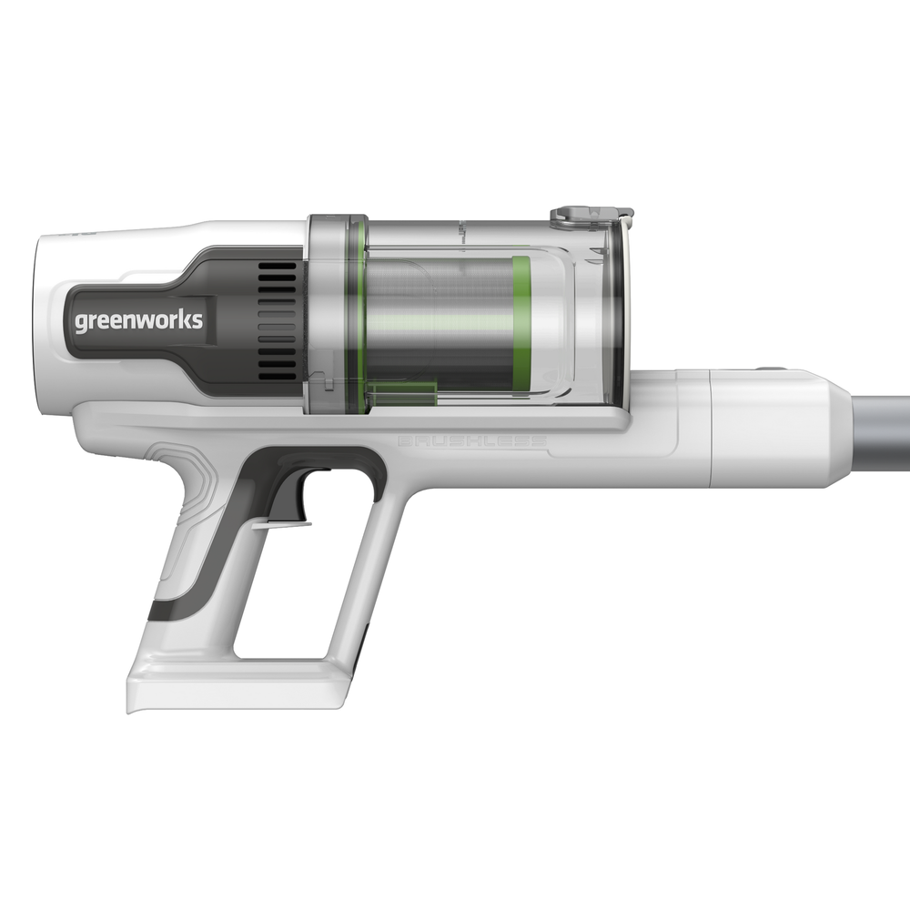 Пылесос вертикальный акк. Greenworks SV24360, 24V, б/щет, 250 Вт, 17 кПа, электрощетка, 2 насадки, LED, белый+серебро, 1х2Ач и ЗУ (4702107UA)