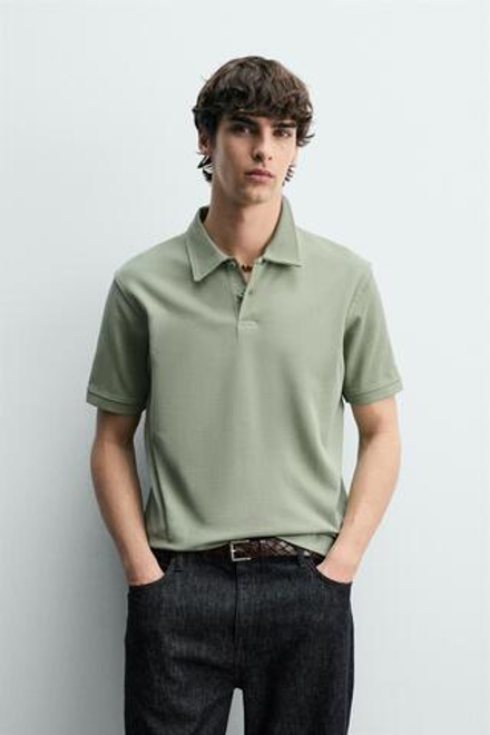 ZARA ПОЛО REGULAR FIT С РЕЛЬЕФНОЙ СТРУКТУРОЙ, ЗЕЛЕНЫЙ