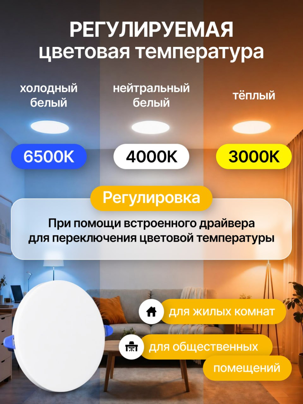 Светодиодная LED панель LOTUS LOFT 24 Вт квадратная трехрежимная (3000K, 4000K, 6500K)